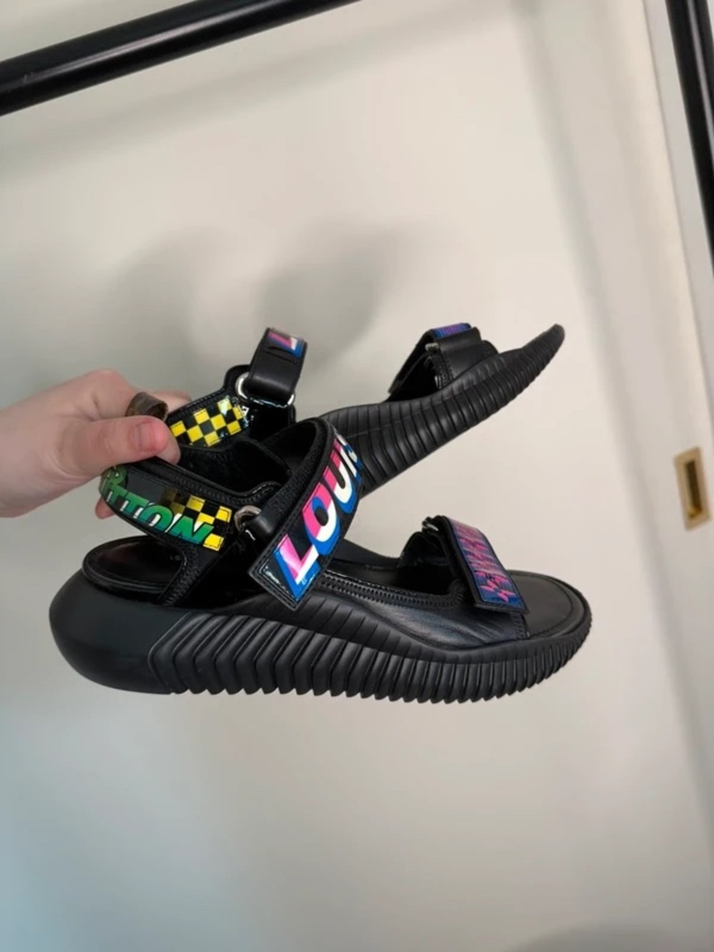 Louis Vuitton Patent Black Sandals with Neon Graphic Straps